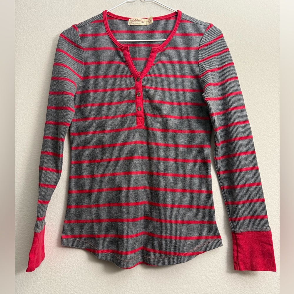 Gray and Red Striped Long Sleeve Knit Top